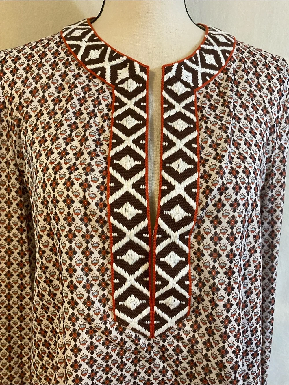 Tory Burch brown floral embroidered trim print cotton tunic